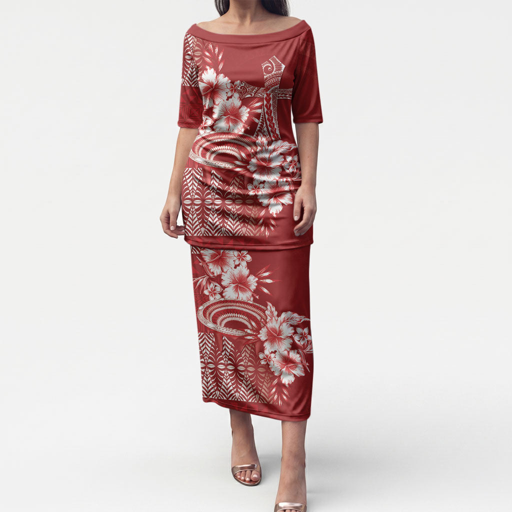 Tonga Ngatu Kupesi Royal Red Puletasi Koe Otua Mo Tonga Ko Hoku Tofia LT7 Long Dress Red - Polynesian Pride