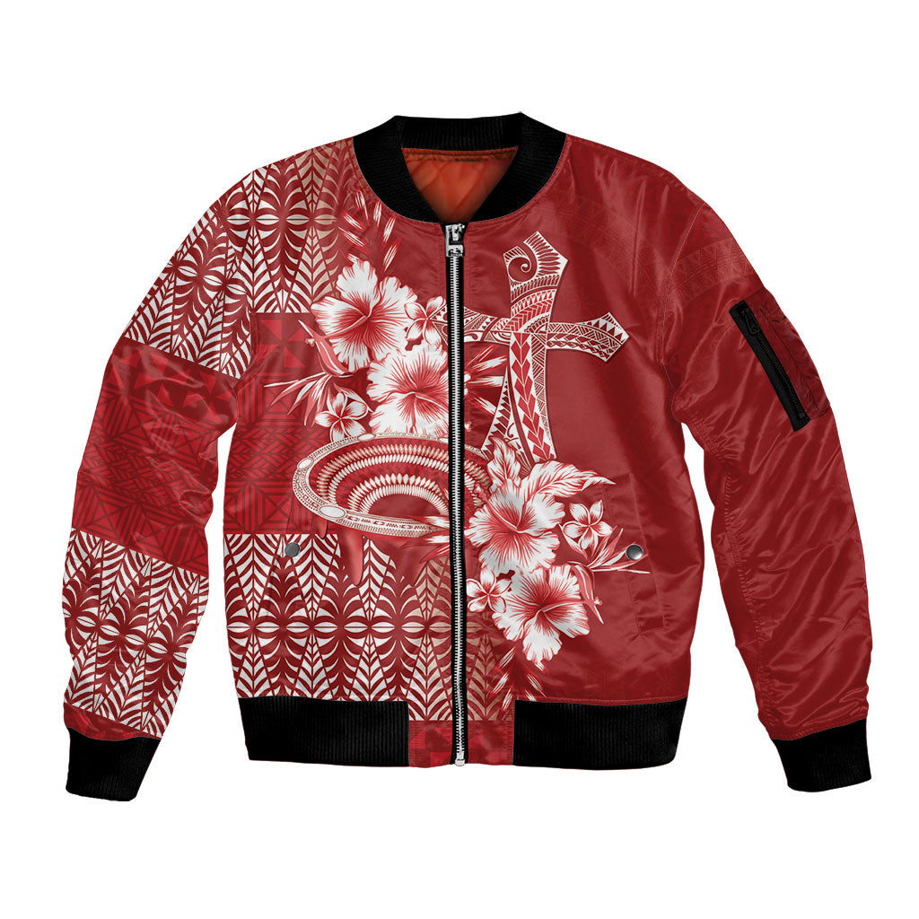 Tonga Ngatu Kupesi Royal Red Sleeve Zip Bomber Jacket Koe Otua Mo Tonga Ko Hoku Tofia LT7 Unisex Red - Polynesian Pride