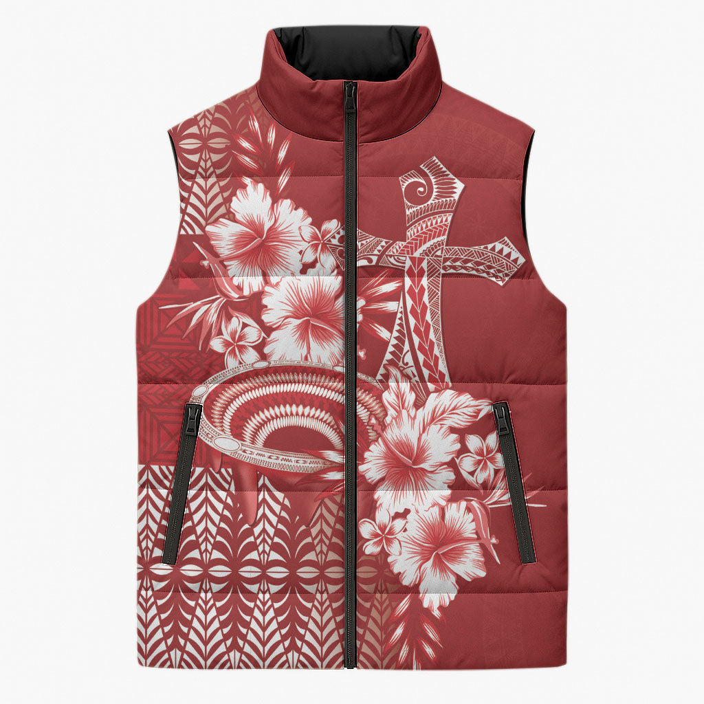 Tonga Ngatu Kupesi Royal Red Sleeveless Puffer Jacket Koe Otua Mo Tonga Ko Hoku Tofia LT7 Unisex Red - Polynesian Pride