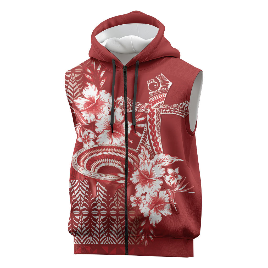 Tonga Ngatu Kupesi Royal Red Sleeveless Zip Hoodie Koe Otua Mo Tonga Ko Hoku Tofia LT7 Red - Polynesian Pride