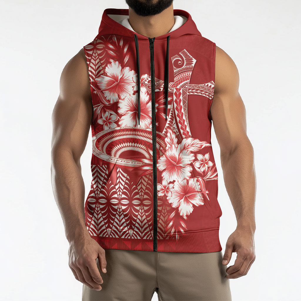 Tonga Ngatu Kupesi Royal Red Sleeveless Zip Hoodie Koe Otua Mo Tonga Ko Hoku Tofia LT7 - Polynesian Pride