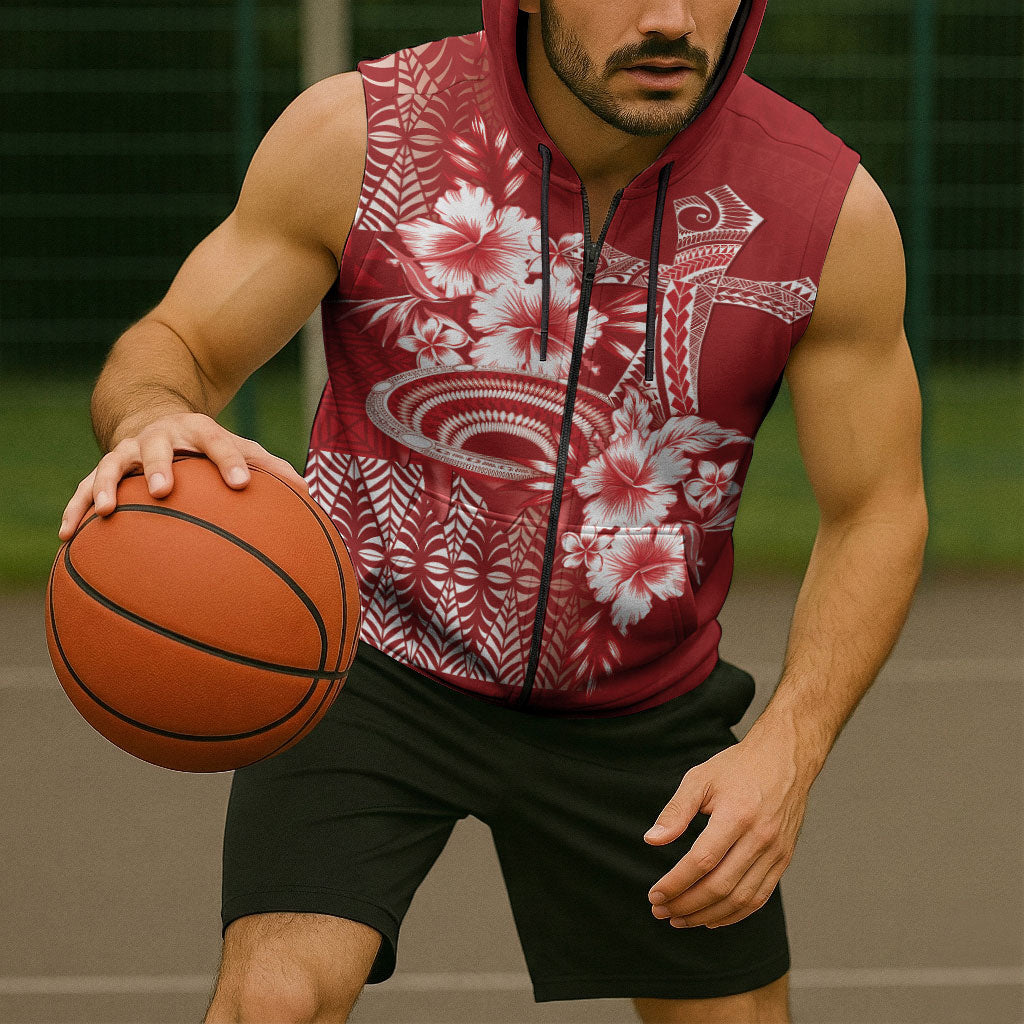 Tonga Ngatu Kupesi Royal Red Sleeveless Zip Hoodie Koe Otua Mo Tonga Ko Hoku Tofia LT7 - Polynesian Pride