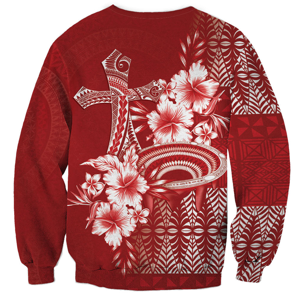 Tonga Ngatu Kupesi Royal Red Sweatshirt Koe Otua Mo Tonga Ko Hoku Tofia LT7 - Polynesian Pride