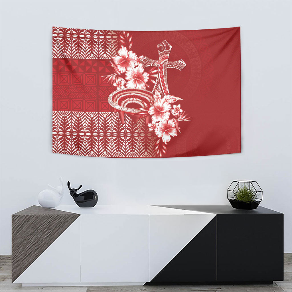 Tonga Ngatu Kupesi Royal Red Tapestry Koe Otua Mo Tonga Ko Hoku Tofia LT7 - Polynesian Pride