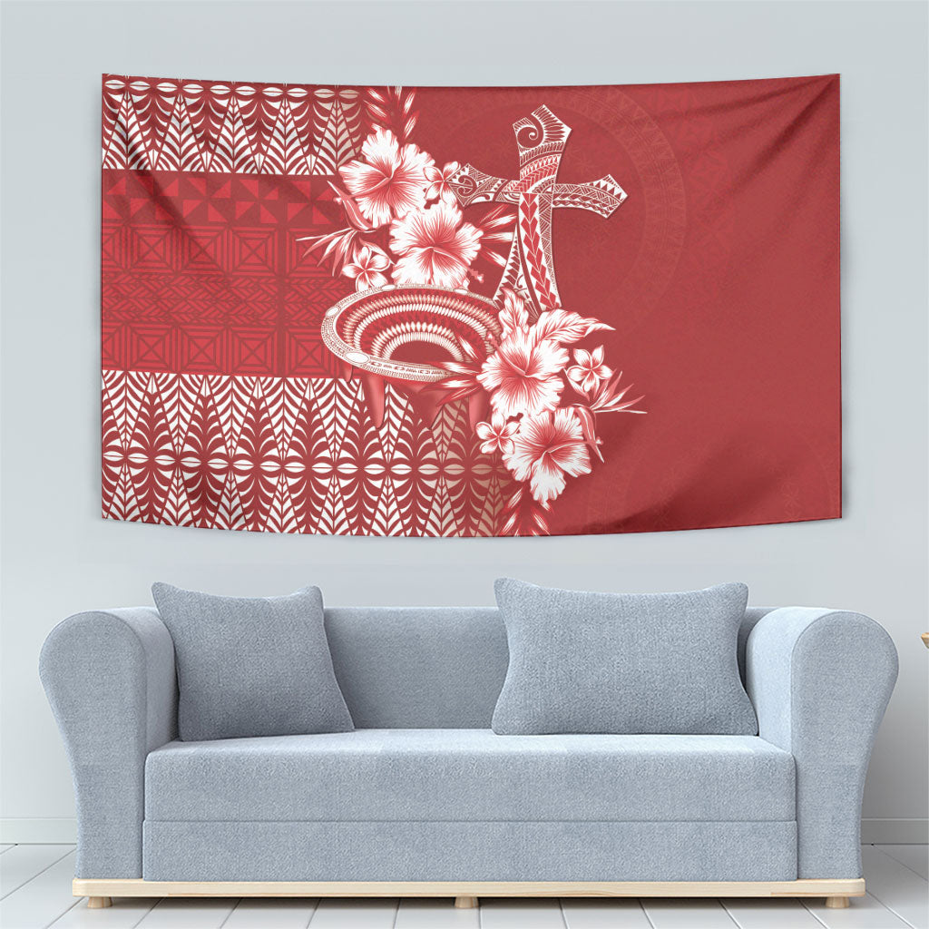 Tonga Ngatu Kupesi Royal Red Tapestry Koe Otua Mo Tonga Ko Hoku Tofia LT7 - Polynesian Pride