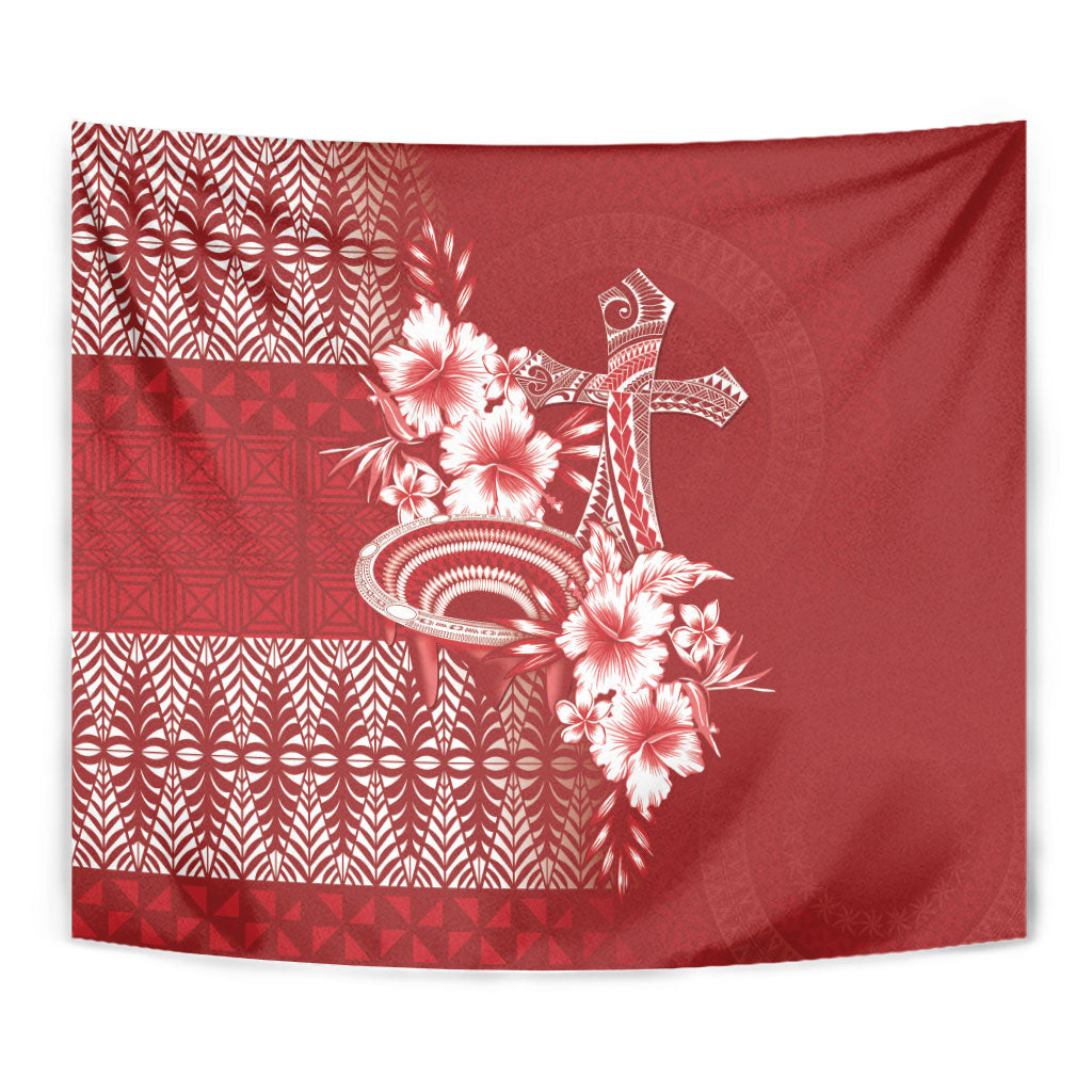 Tonga Ngatu Kupesi Royal Red Tapestry Koe Otua Mo Tonga Ko Hoku Tofia LT7 - Polynesian Pride