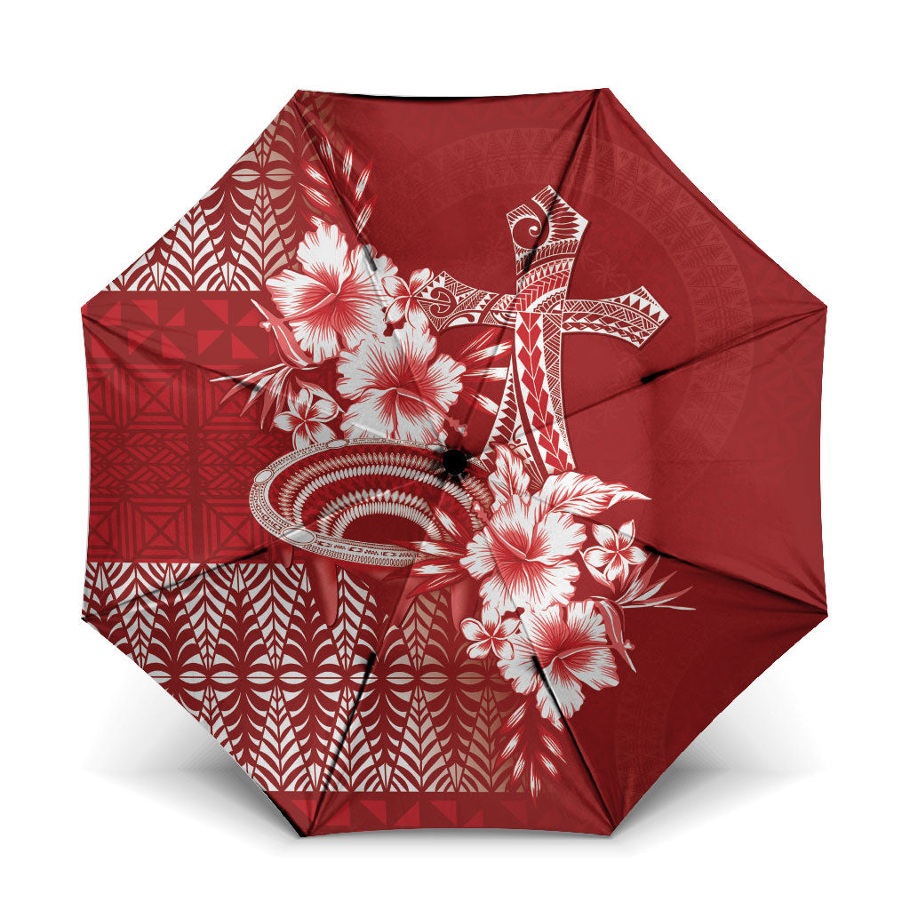 Tonga Ngatu Kupesi Royal Red Umbrella Koe Otua Mo Tonga Ko Hoku Tofia LT7 One Size Folded 11.42 inch Opened Diameter 37.4 inch Red - Polynesian Pride