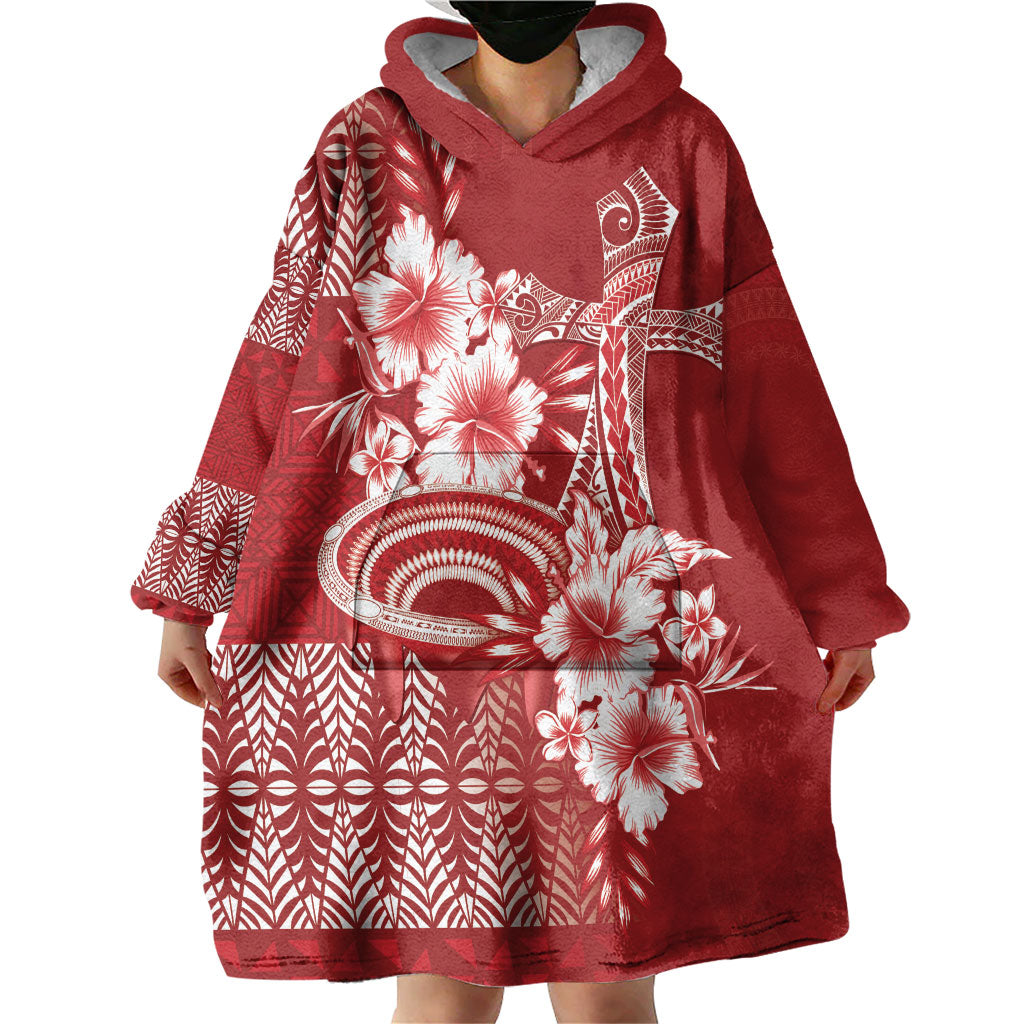 Tonga Ngatu Kupesi Royal Red Wearable Blanket Hoodie Koe Otua Mo Tonga Ko Hoku Tofia LT7 - Polynesian Pride