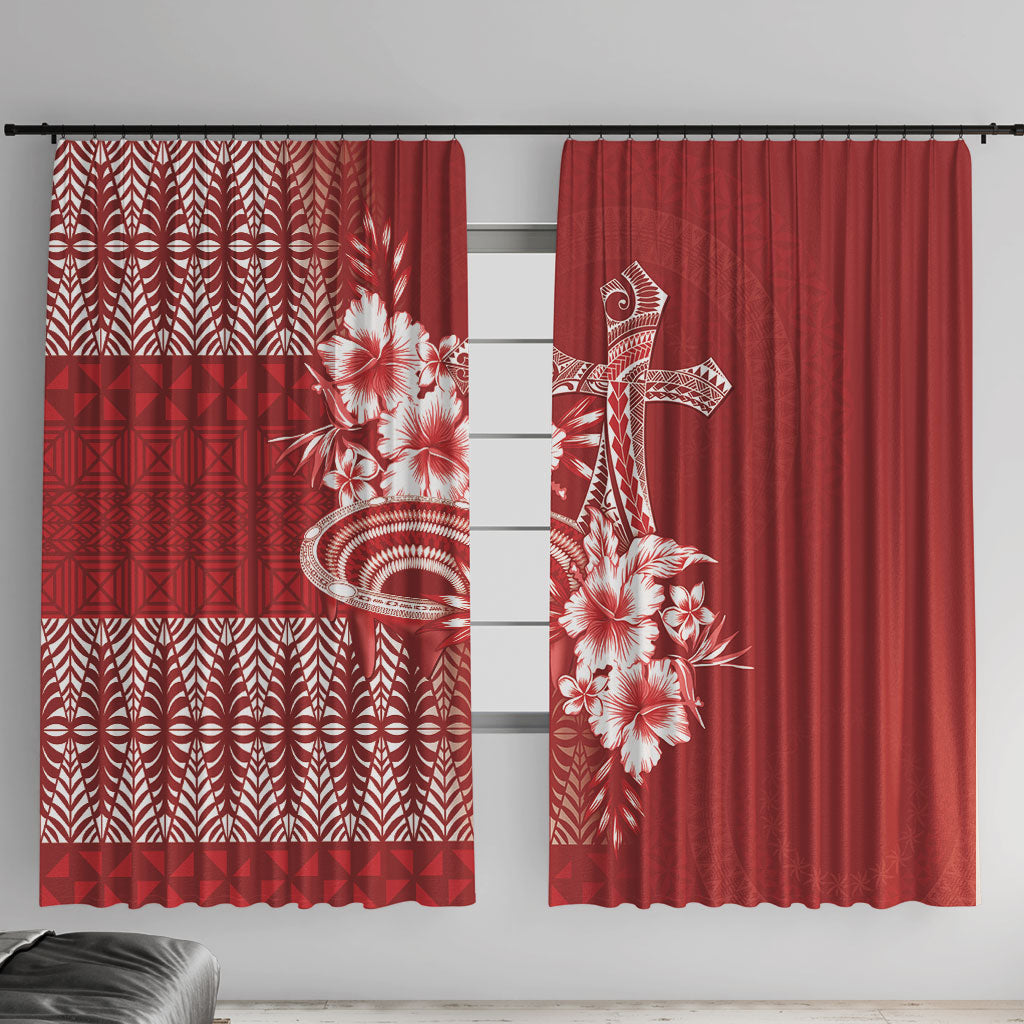 Tonga Ngatu Kupesi Royal Red Window Curtain Koe Otua Mo Tonga Ko Hoku Tofia