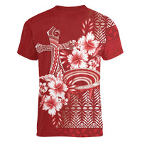 Tonga Ngatu Kupesi Royal Red Women V-Neck T-Shirt Koe Otua Mo Tonga Ko Hoku Tofia