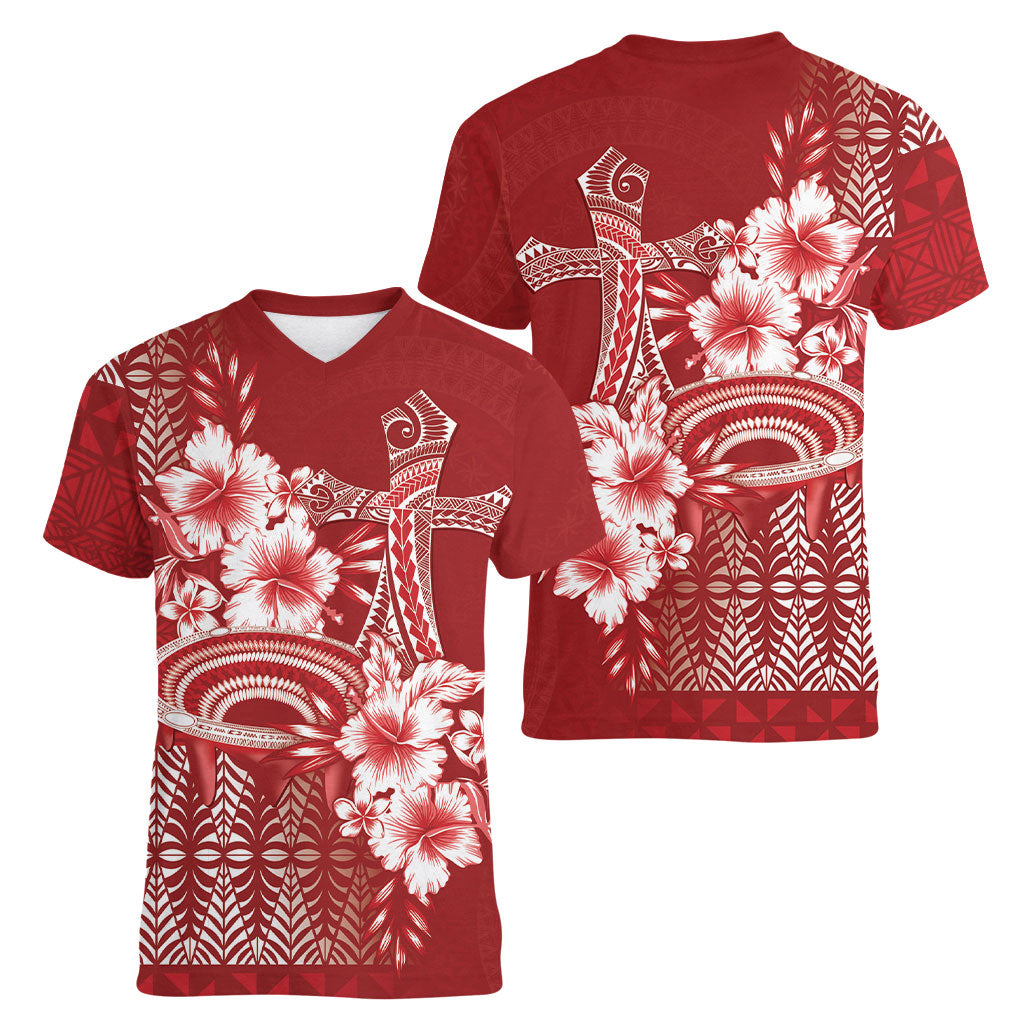 Tonga Ngatu Kupesi Royal Red Women V-Neck T-Shirt Koe Otua Mo Tonga Ko Hoku Tofia