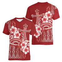 Tonga Ngatu Kupesi Royal Red Women V-Neck T-Shirt Koe Otua Mo Tonga Ko Hoku Tofia