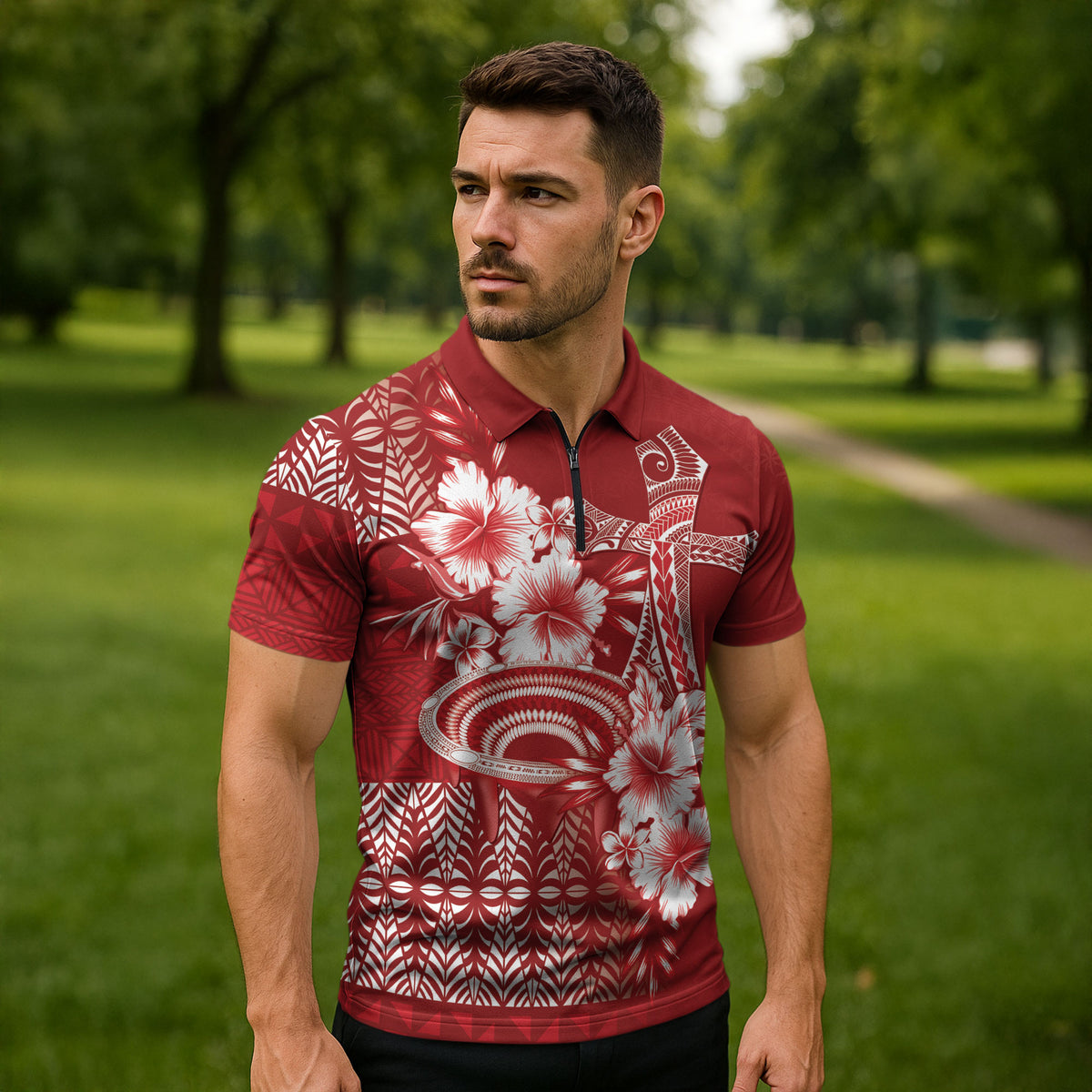 Tonga Ngatu Kupesi Royal Red Zipper Polo Shirt Koe Otua Mo Tonga Ko Hoku Tofia LT7 - Polynesian Pride