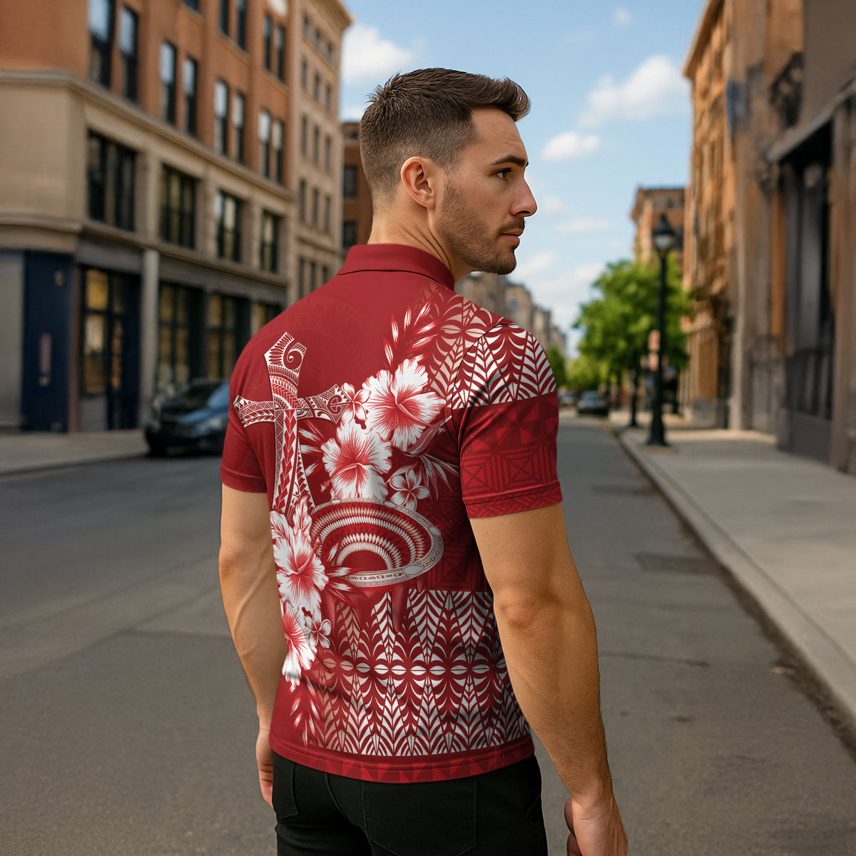 Tonga Ngatu Kupesi Royal Red Zipper Polo Shirt Koe Otua Mo Tonga Ko Hoku Tofia LT7 - Polynesian Pride