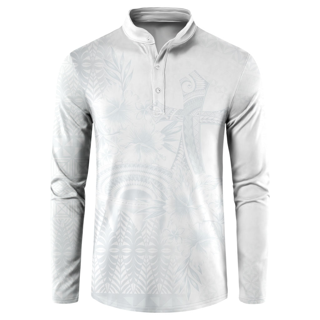 Tonga Ngatu Kupesi White Sunday Fakame Button Sweatshirt Koe Otua Mo Tonga Ko Hoku Tofia LT7 White - Polynesian Pride