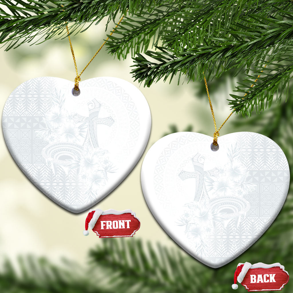 Tonga Ngatu Kupesi White Sunday Fakame Ceramic Ornament Koe Otua Mo Tonga Ko Hoku Tofia LT7 Heart White - Polynesian Pride