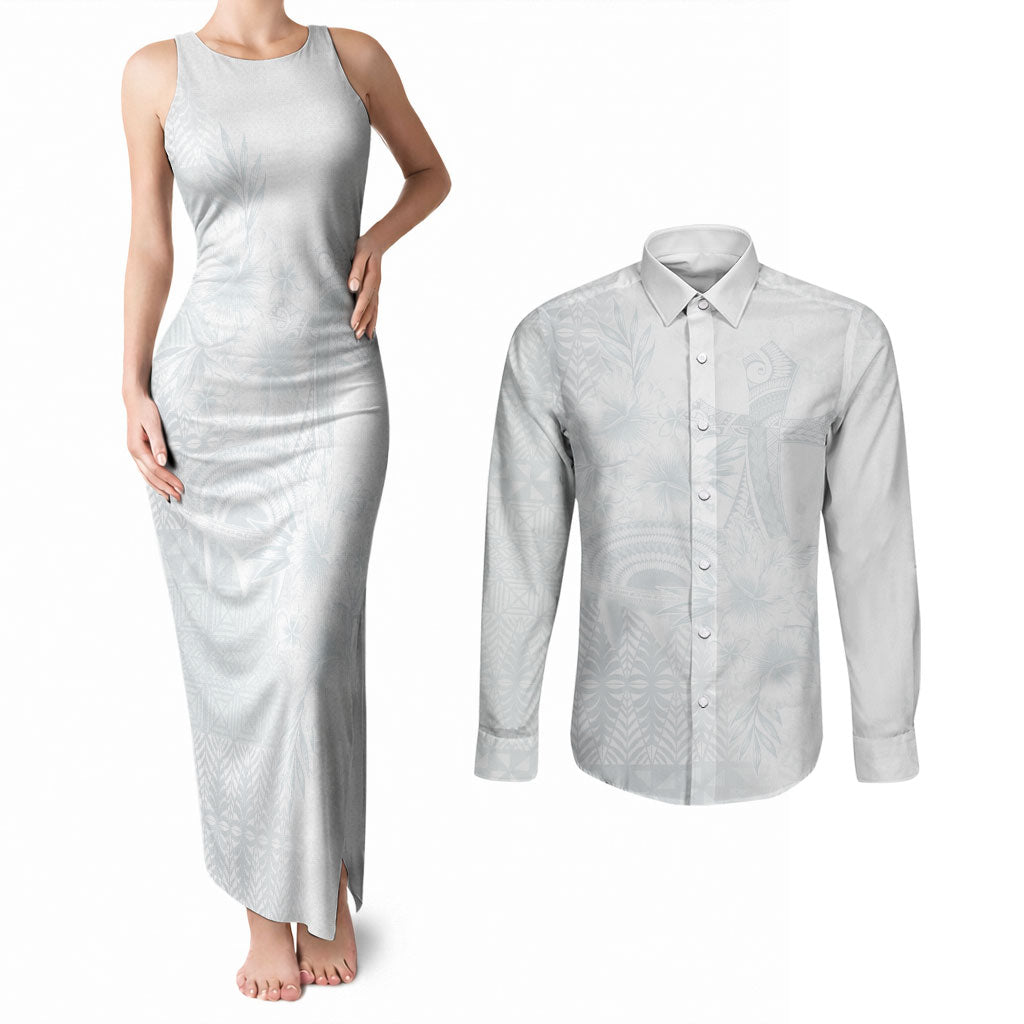 Tonga Ngatu Kupesi White Sunday Fakame Couples Matching Tank Maxi Dress and Long Sleeve Button Shirt Koe Otua Mo Tonga Ko Hoku Tofia LT7 White - Polynesian Pride
