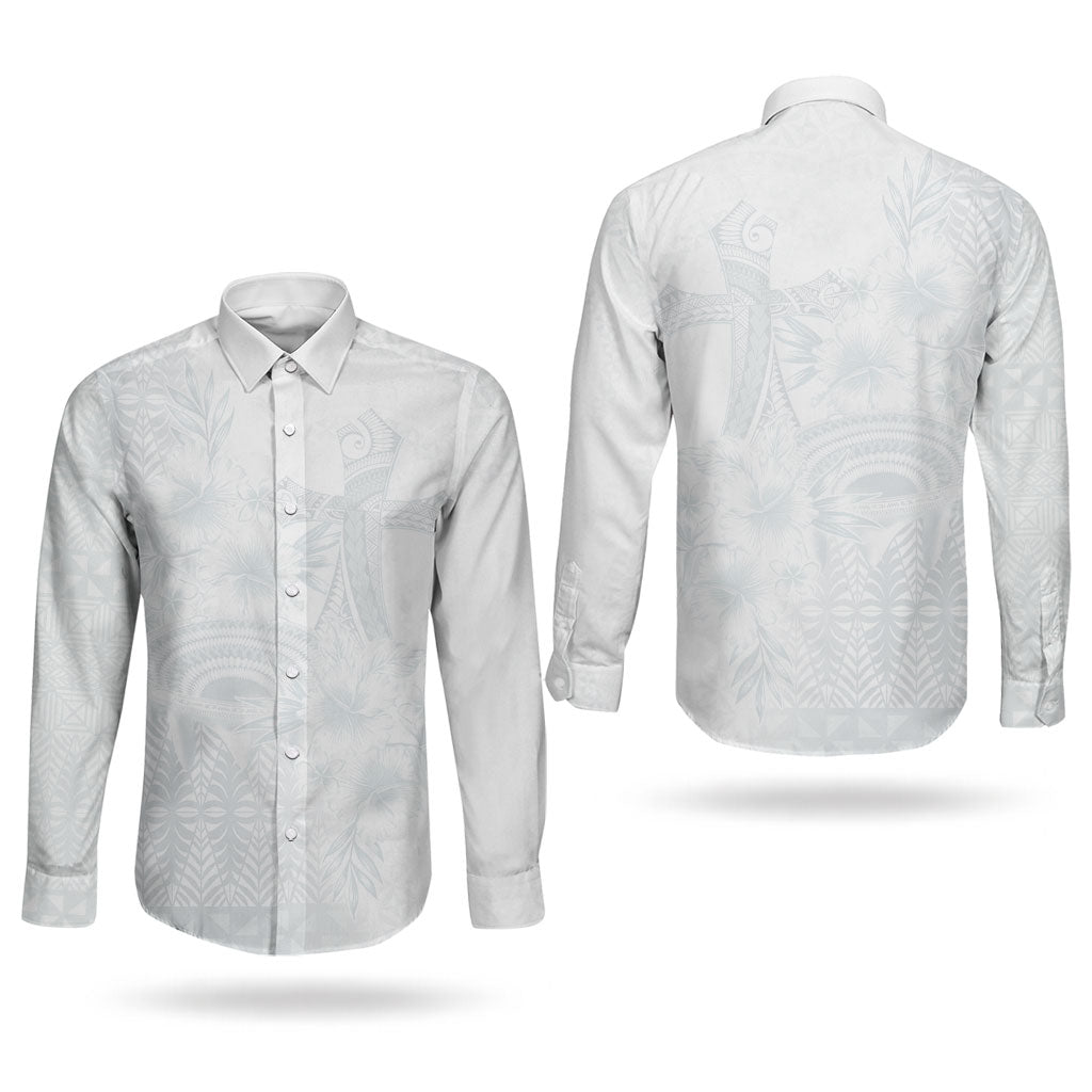 Tonga Ngatu Kupesi White Sunday Fakame Couples Matching Tank Maxi Dress and Long Sleeve Button Shirt Koe Otua Mo Tonga Ko Hoku Tofia LT7 - Polynesian Pride