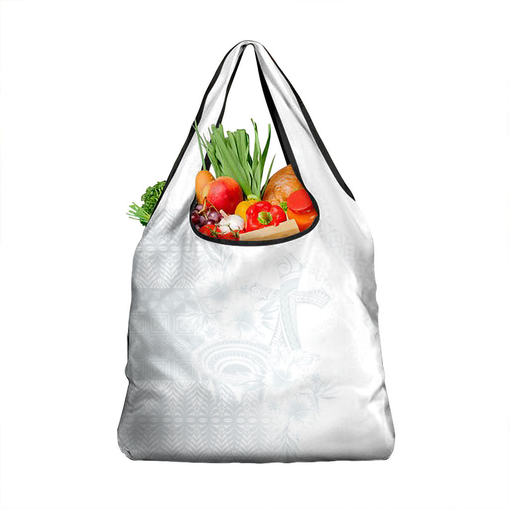 Tonga Ngatu Kupesi White Sunday Fakame Grocery Bag Koe Otua Mo Tonga Ko Hoku Tofia LT7 1-pack One Size White - Polynesian Pride