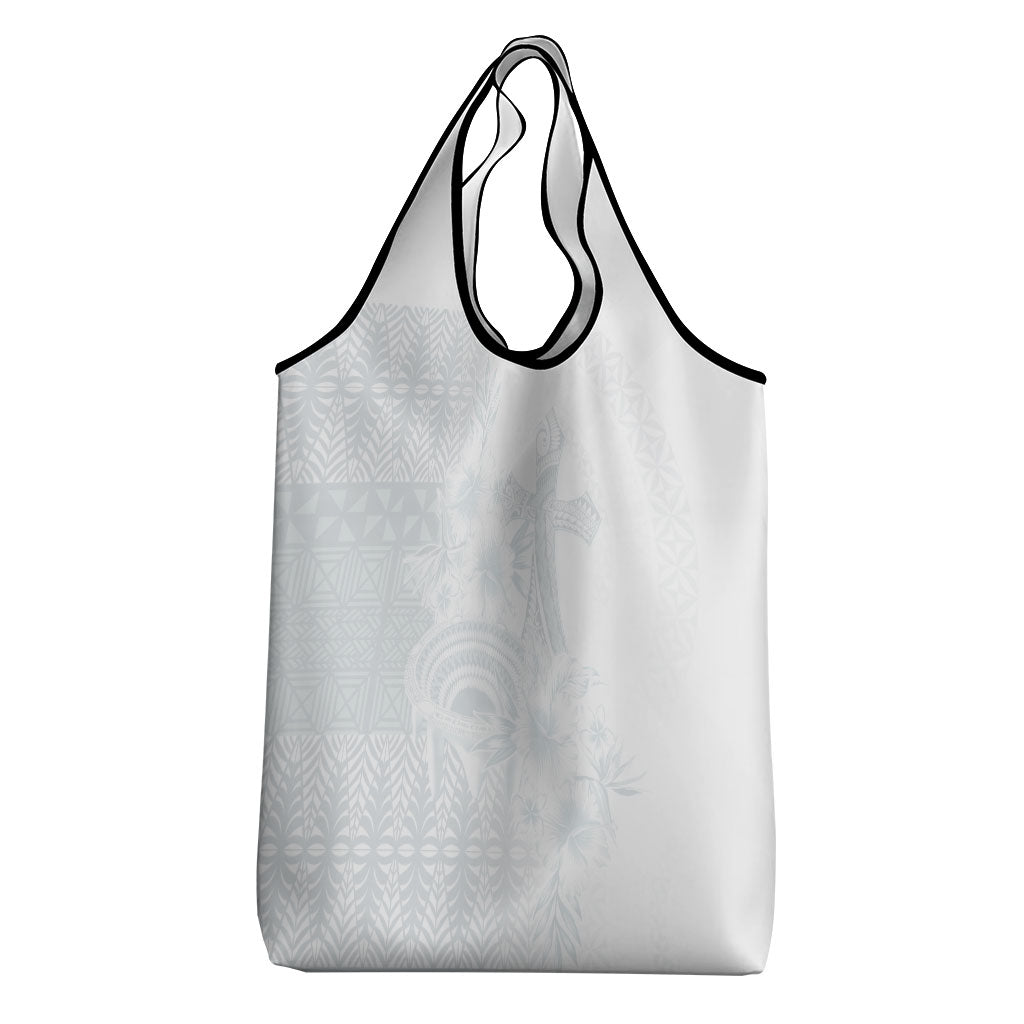 Tonga Ngatu Kupesi White Sunday Fakame Grocery Bag Koe Otua Mo Tonga Ko Hoku Tofia LT7 - Polynesian Pride