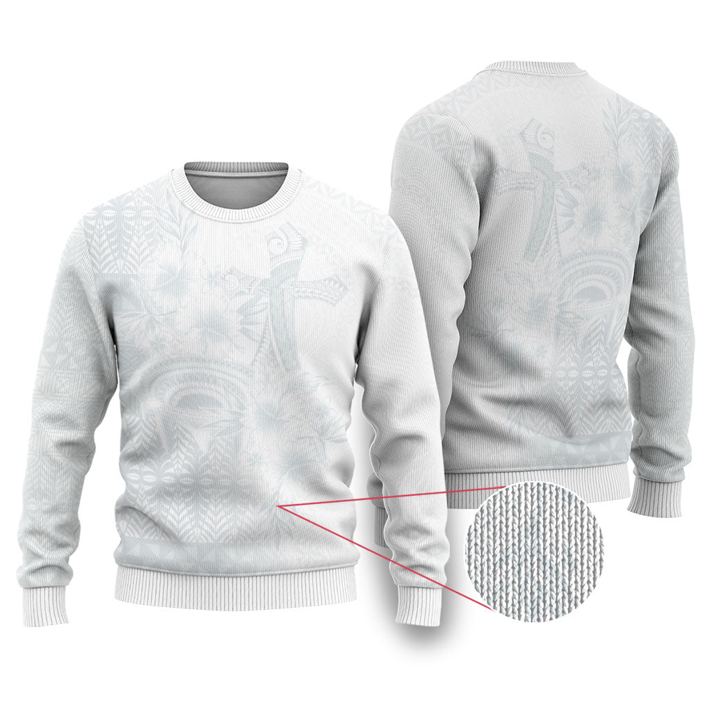 Tonga Ngatu Kupesi White Sunday Fakame Ugly Christmas Sweater Koe Otua Mo Tonga Ko Hoku Tofia LT7 White - Polynesian Pride
