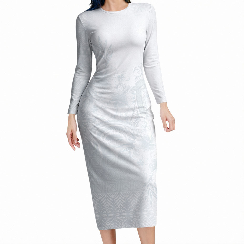 Tonga Ngatu Kupesi White Sunday Fakame Long Sleeve Bodycon Dress Koe Otua Mo Tonga Ko Hoku Tofia LT7 Long Dress White - Polynesian Pride