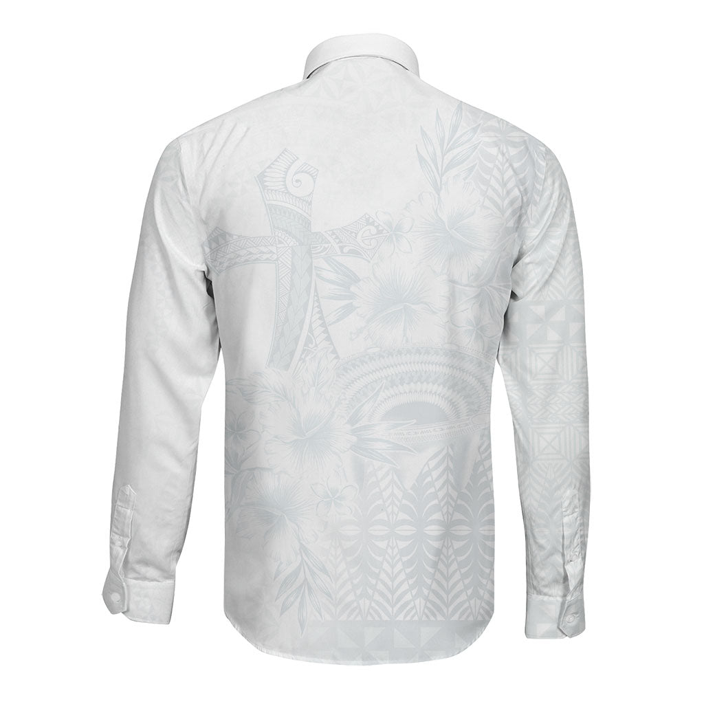 Tonga Ngatu Kupesi White Sunday Fakame Long Sleeve Button Shirt Koe Otua Mo Tonga Ko Hoku Tofia LT7 - Polynesian Pride