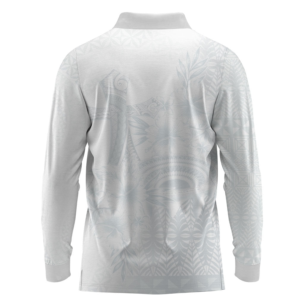 Tonga Ngatu Kupesi White Sunday Fakame Long Sleeve Polo Shirt Koe Otua Mo Tonga Ko Hoku Tofia LT7 - Polynesian Pride