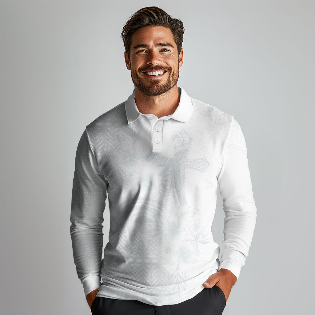 Tonga Ngatu Kupesi White Sunday Fakame Long Sleeve Polo Shirt Koe Otua Mo Tonga Ko Hoku Tofia LT7 - Polynesian Pride