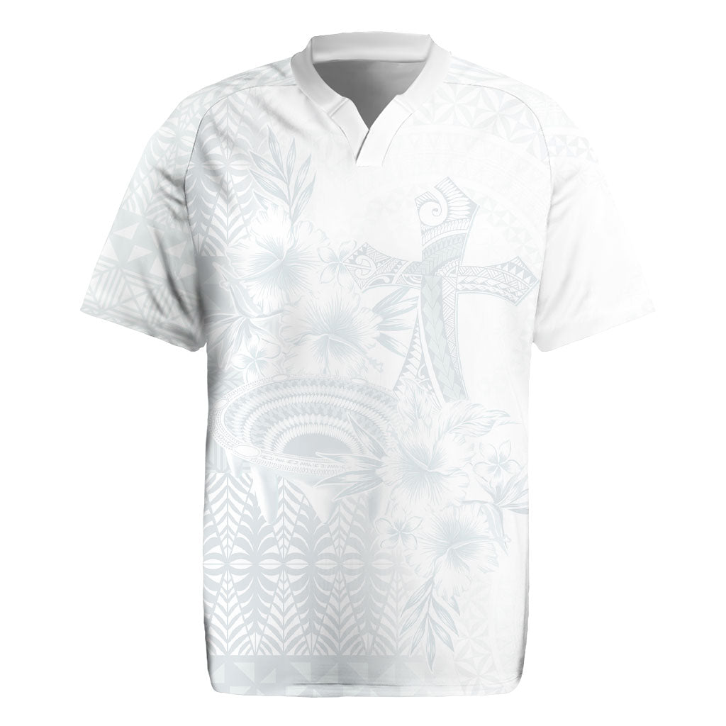 Tonga Ngatu Kupesi White Sunday Fakame Rugby Jersey Koe Otua Mo Tonga Ko Hoku Tofia LT7 White - Polynesian Pride