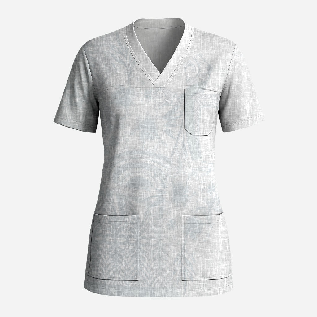 Tonga Ngatu Kupesi White Sunday Fakame Scrub Top Koe Otua Mo Tonga Ko Hoku Tofia LT7 Adult White - Polynesian Pride