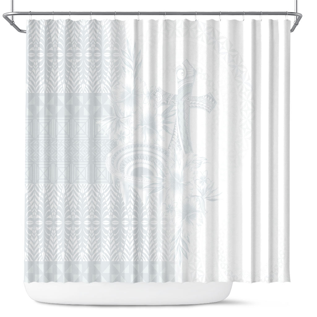 Tonga Ngatu Kupesi White Sunday Fakame Shower Curtain Koe Otua Mo Tonga Ko Hoku Tofia LT7 White - Polynesian Pride