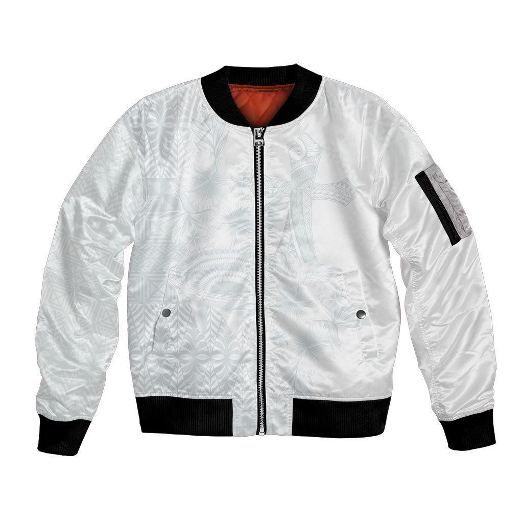 Tonga Ngatu Kupesi White Sunday Fakame Sleeve Zip Bomber Jacket Koe Otua Mo Tonga Ko Hoku Tofia LT7 Unisex White - Polynesian Pride