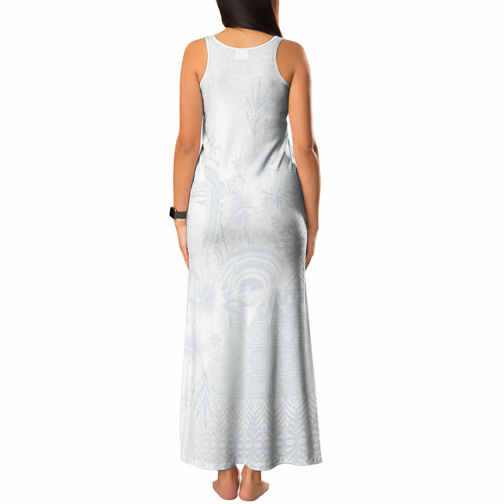 Tonga Ngatu Kupesi White Sunday Fakame Tank Maxi Dress Koe Otua Mo Tonga Ko Hoku Tofia LT7 - Polynesian Pride