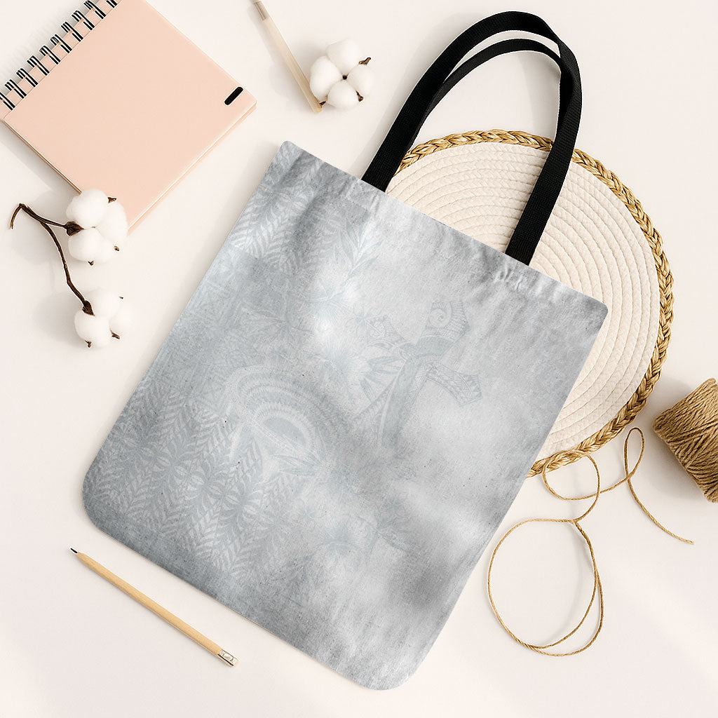 Tonga Ngatu Kupesi White Sunday Fakame Tote Bag Koe Otua Mo Tonga Ko Hoku Tofia LT7 Black Strap One Size White - Polynesian Pride