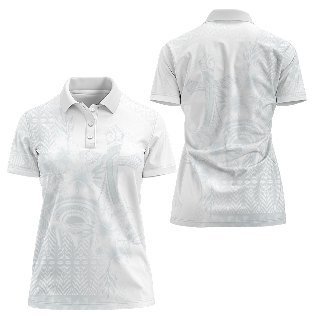 Tonga Ngatu Kupesi White Sunday Fakame Women Polo Shirt Koe Otua Mo Tonga Ko Hoku Tofia LT7 - Polynesian Pride