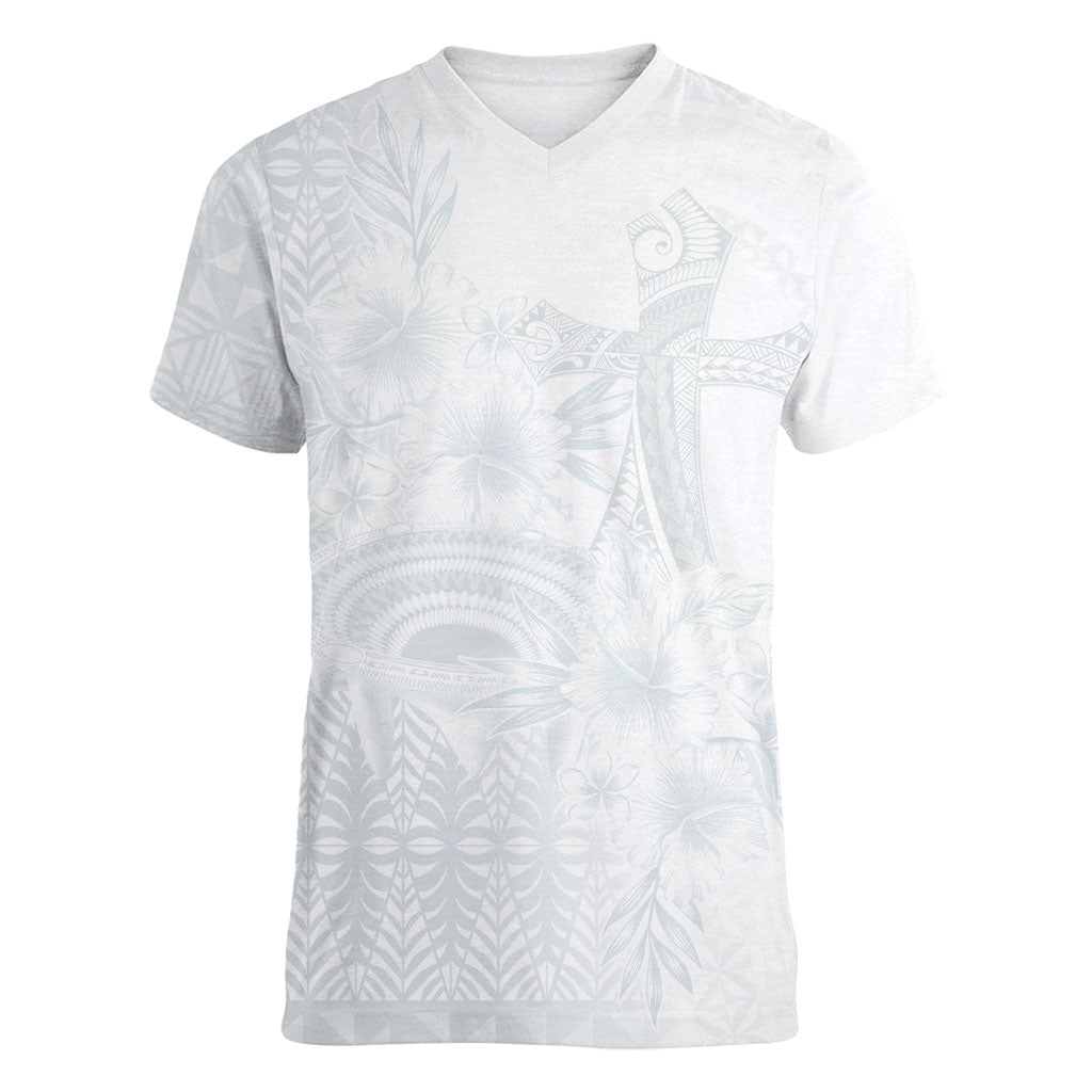 Tonga Ngatu Kupesi White Sunday Fakame Women V-Neck T-Shirt Koe Otua Mo Tonga Ko Hoku Tofia
