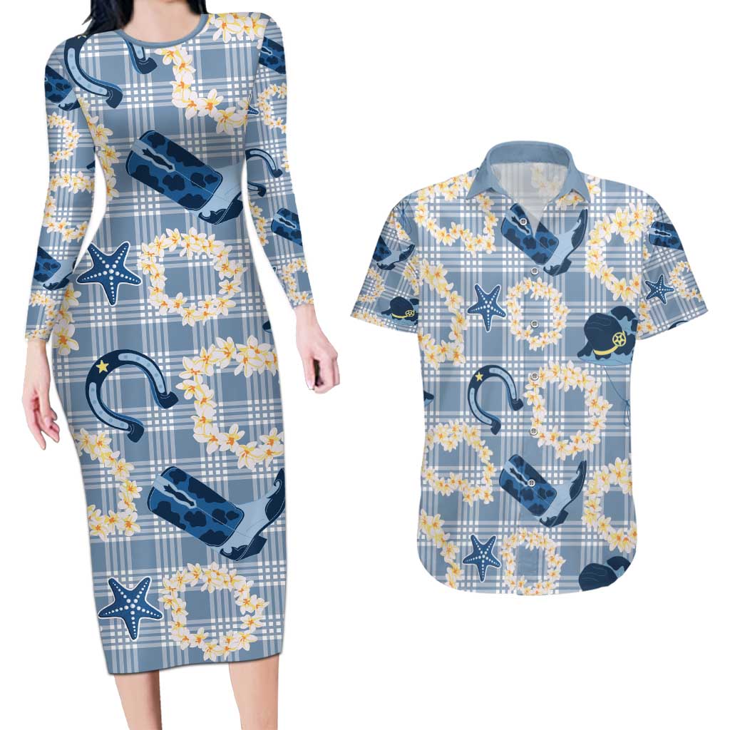 Aloha Hawaii Paniolo Jeans Palaka Couples Matching Long Sleeve Bodycon Dress and Hawaiian Shirt Coastal Rodeo LT7 Pastel Blue - Polynesian Pride