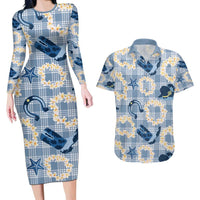 Aloha Hawaii Paniolo Jeans Palaka Couples Matching Long Sleeve Bodycon Dress and Hawaiian Shirt Coastal Rodeo LT7 Pastel Blue - Polynesian Pride