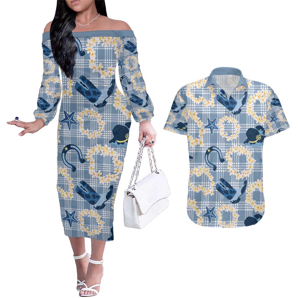 Aloha Hawaii Paniolo Jeans Palaka Couples Matching Off The Shoulder Long Sleeve Dress and Hawaiian Shirt Coastal Rodeo - Polynesian Pride
