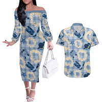 Aloha Hawaii Paniolo Jeans Palaka Couples Matching Off The Shoulder Long Sleeve Dress and Hawaiian Shirt Coastal Rodeo - Polynesian Pride
