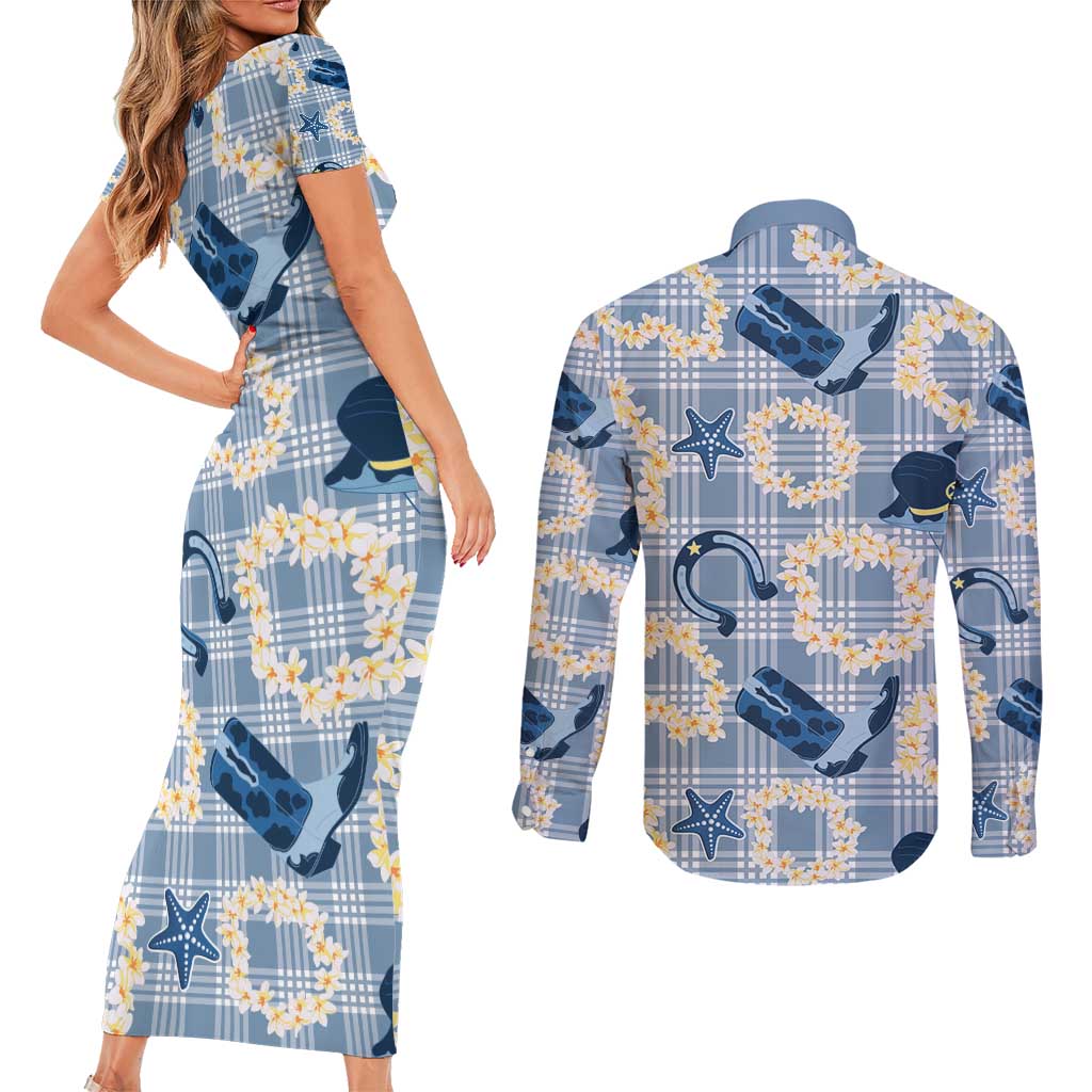 Aloha Hawaii Paniolo Jeans Palaka Couples Matching Short Sleeve Bodycon Dress and Long Sleeve Button Shirt Coastal Rodeo - Polynesian Pride
