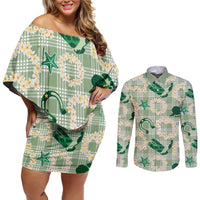 Aloha Hawaii Paniolo Mint Palaka Couples Matching Off Shoulder Short Dress and Long Sleeve Button Shirt Coastal Rodeo LT7 Mint - Polynesian Pride