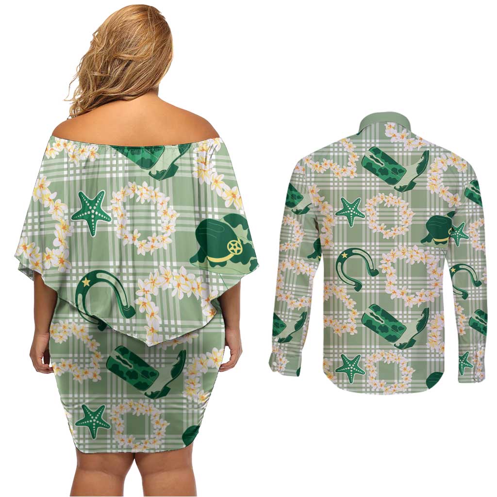 Aloha Hawaii Paniolo Mint Palaka Couples Matching Off Shoulder Short Dress and Long Sleeve Button Shirt Coastal Rodeo LT7 - Polynesian Pride