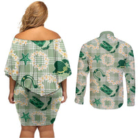 Aloha Hawaii Paniolo Mint Palaka Couples Matching Off Shoulder Short Dress and Long Sleeve Button Shirt Coastal Rodeo LT7 - Polynesian Pride