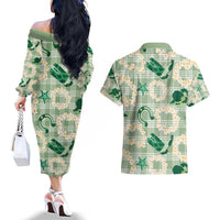 Aloha Hawaii Paniolo Mint Palaka Couples Matching Off The Shoulder Long Sleeve Dress and Hawaiian Shirt Coastal Rodeo - Polynesian Pride