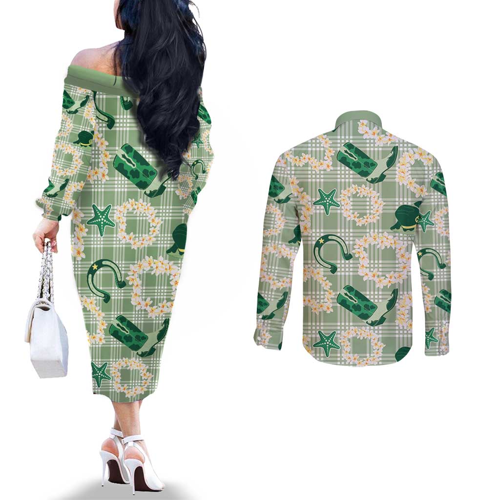 Aloha Hawaii Paniolo Mint Palaka Couples Matching Off The Shoulder Long Sleeve Dress and Long Sleeve Button Shirt Coastal Rodeo - Polynesian Pride