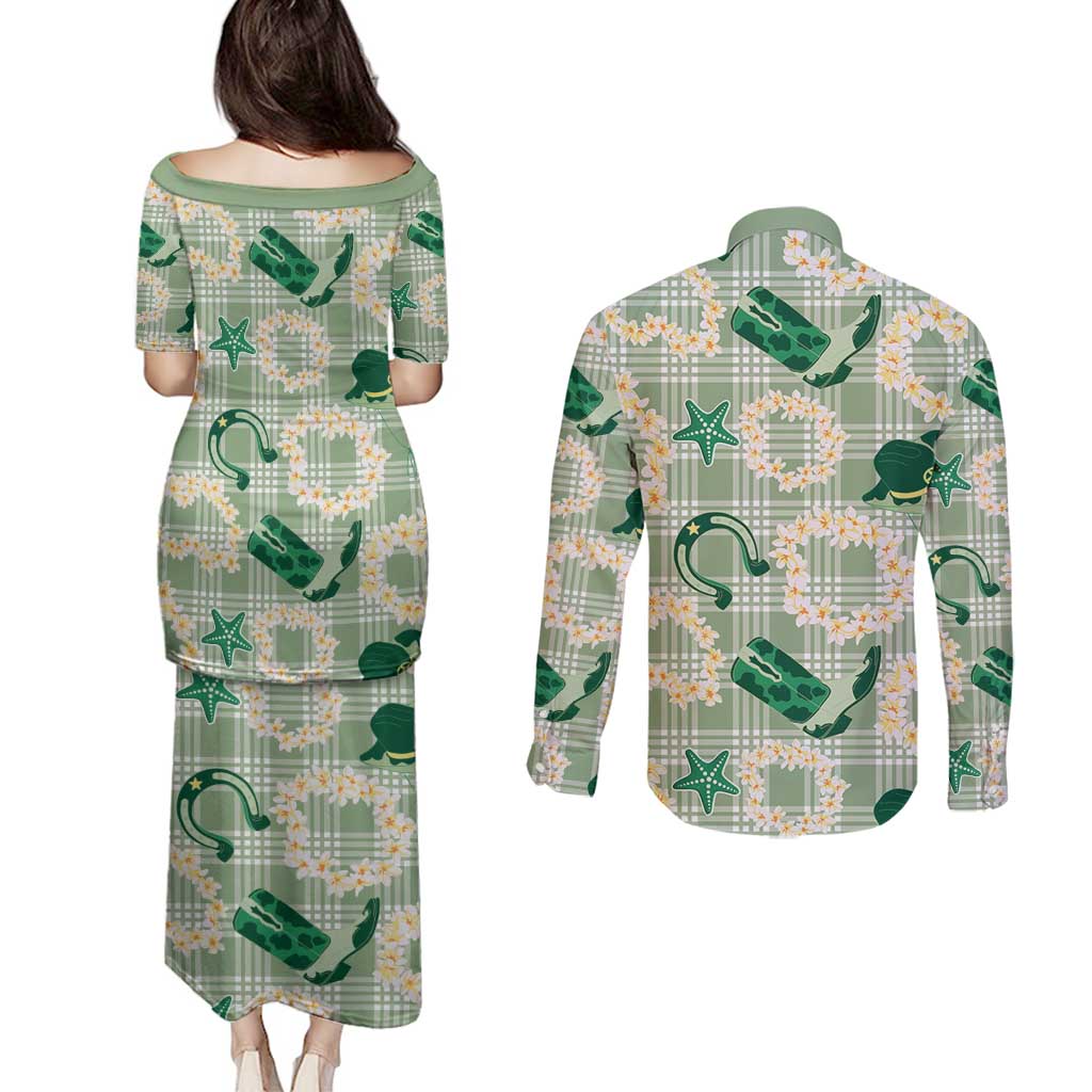 Aloha Hawaii Paniolo Mint Palaka Couples Matching Puletasi and Long Sleeve Button Shirt Coastal Rodeo - Polynesian Pride