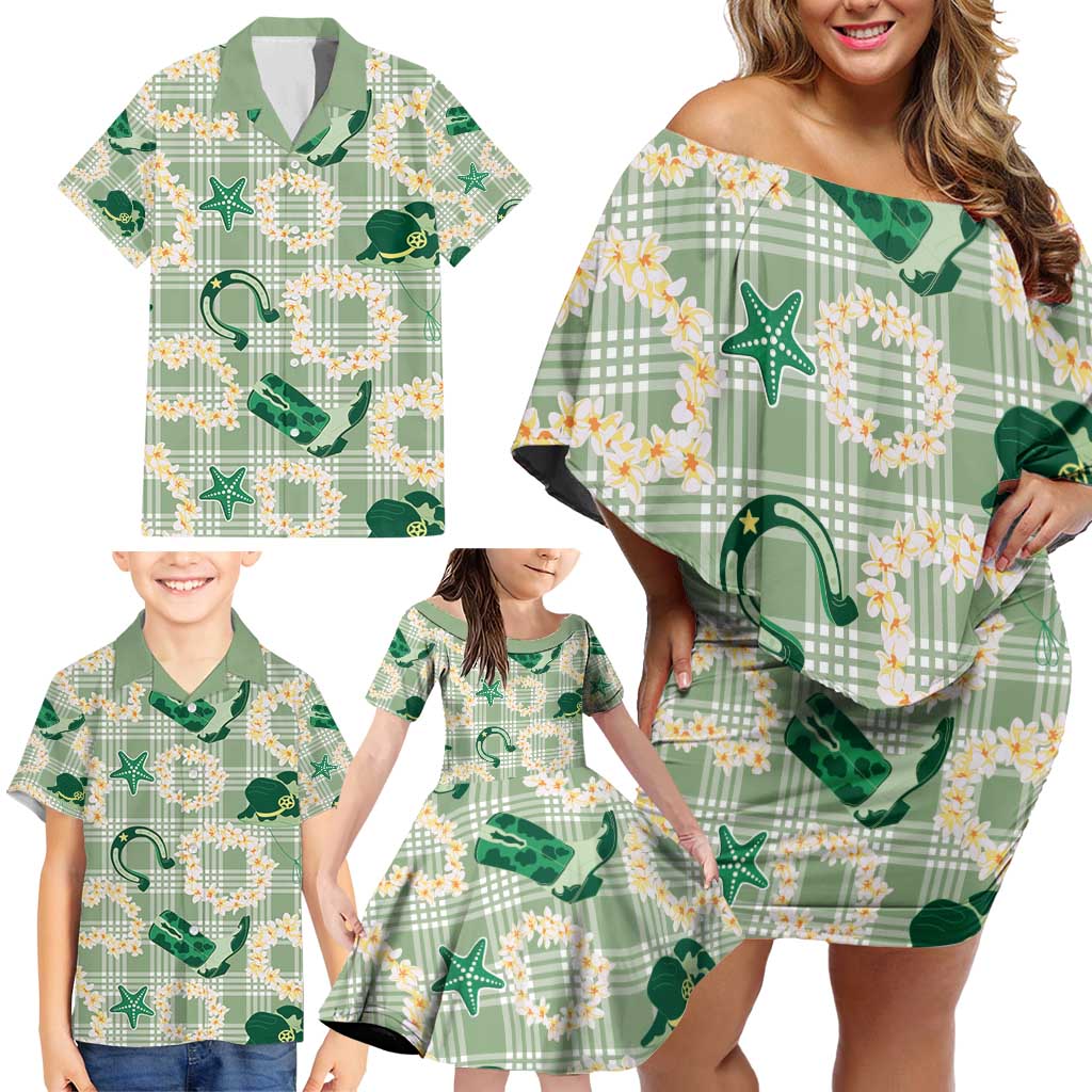 Aloha Hawaii Paniolo Mint Palaka Family Matching Off Shoulder Short Dress and Hawaiian Shirt Coastal Rodeo - Polynesian Pride
