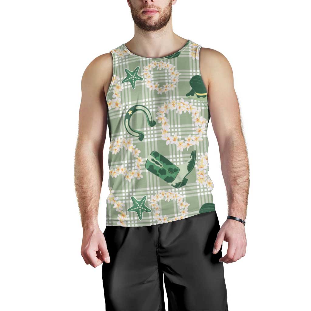 Aloha Hawaii Paniolo Mint Palaka Men Tank Top Coastal Rodeo - Polynesian Pride